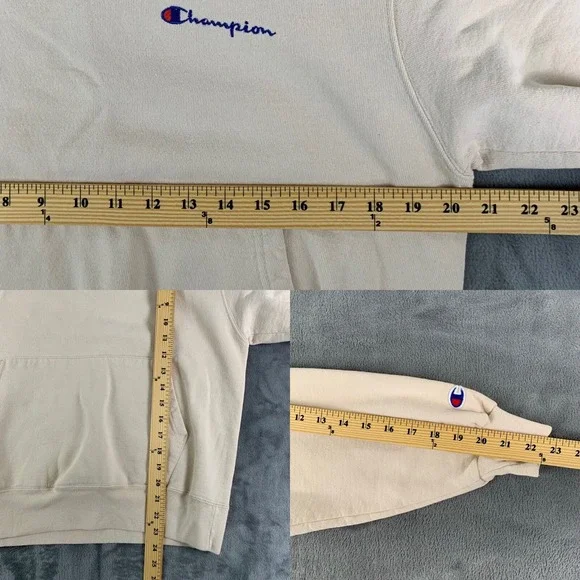 Vintage 90s Champion Hoodie Sweatshirt Pullover Beige M USA Spell Out Rare Color - Picture 4 of 10
